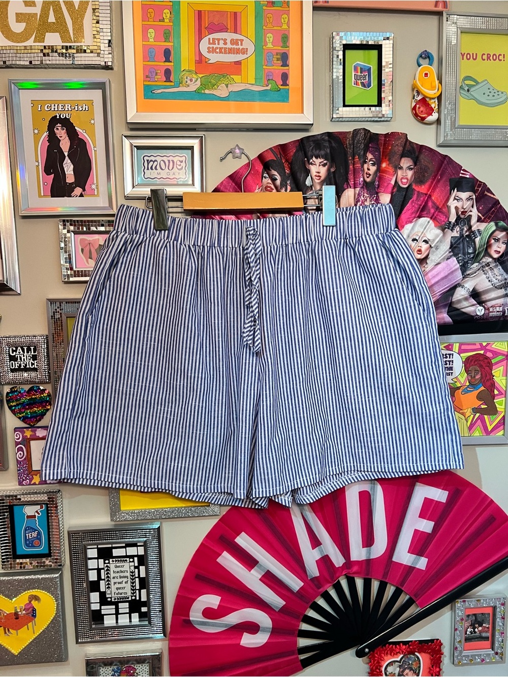 Striped Blue & White Elastic-Waist Women's Shorts